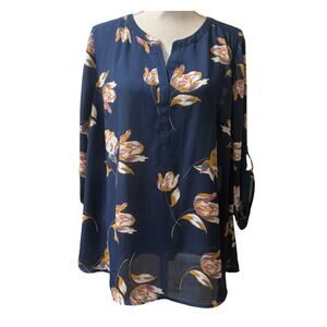 Daniel Rainn Dark Blue Floral Sheer Blouse 1X